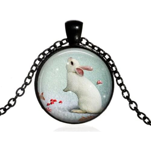 Hot Sale Animal Necklace Snow Rabbit Pendant Bunny Rabbit Fashion Jewelry Glass Cabochon Pendant Necklace for Women Men Gifts