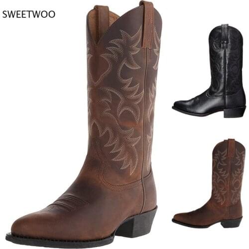 2021 New Men Pu Leather Embroidered High Heel Mens Mid Pipe Boots European and American Style Western Cowboy Boots Winter