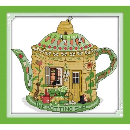 Needlework DIY DMC Cross stitch Sets For Embroidery kits 14ct 11ct Printed Cotton Thread Garden teapot Cross-Stitching