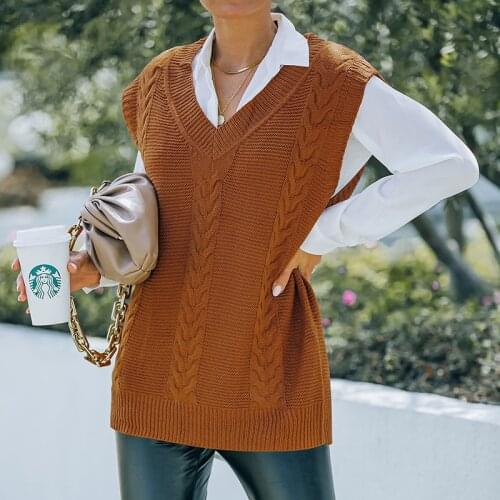 Autumn New Solid Color Vest Sweater Women V-neck Sleeveless Knitted Pullover Sweaters Female Casual Loose Sweater Femme 2021