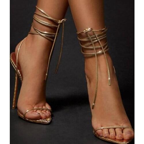 Drop Shipping Woman Gold Python Narrow Bands Lace Up Sandals Female Pointed Toe Stiletto Heels Party High Heel Sandals Shoes