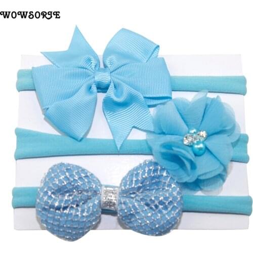 HeadWear Kids Accessories Lovely Sweet Fashion Flowes Bow-Knot Ribbon Bows Newborn Girls Headwrap 3pcs/Set Wowsorie003