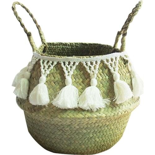 Practical Simple Storage Basket Monotone Primary Color Double Knot Long Tassel Storage Basket Middle Diameter 36*height 32