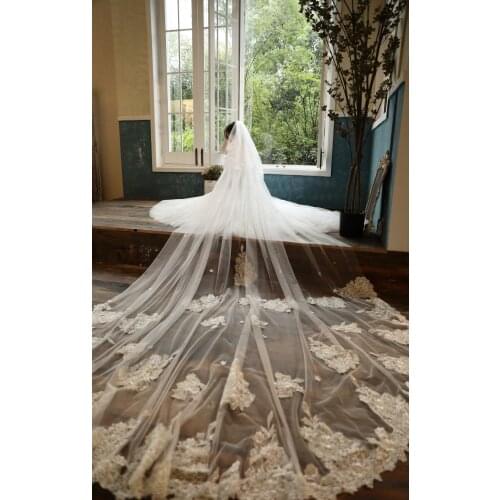 Romantic 3.5 Meters Wedding Veils Long White Tull Champang Lace Silver Edge Cathedral Wedding Veil Vintage Bridal Accessories