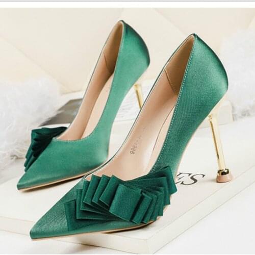 Fashion Pumps shoes Spring/Autumn Sexy Pointed Toe Thin Heels Shallow Bow Satin Office & Career Slip-On 9.5cm high heels Party