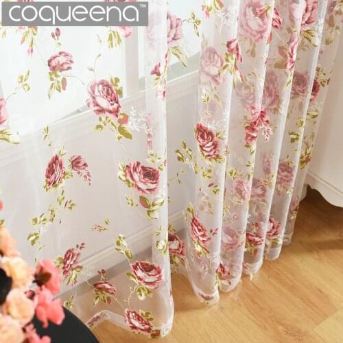 Ready Made Custom Red Peony Tulle Curtains for Kitchen Door Window Living Room Bedroom Sheer Voile Yarn Curtains , 1 Panel/PCS
