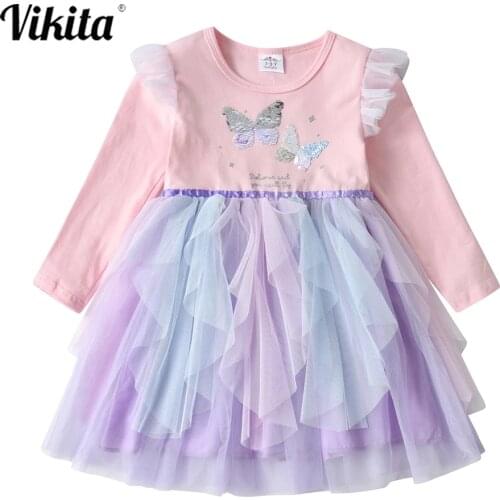 VIKITA Girls Dresses Butterfly Sequins Children Princess Tutu Vestidos Toddlers Birthday Party Prom Dress Girls Autumn Clothing
