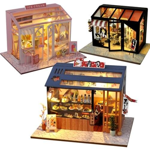 Japanese Sushi Store DIY Miniature Doll House With Furniture Cloth Shop Cute Casa Dollhouse Toys for Children Girls Gifts