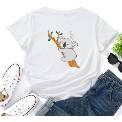 YT Loose Round Collar Cute Koala Short Sleeve T-Shirt 100% Cotton Girls Cartoon Tshirt Summer Casual Oversized Women Tops Tees
