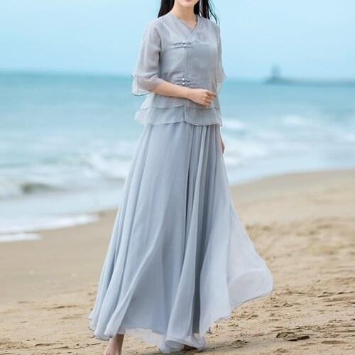 Women Linen Shirt Tops Chinese Style Vintage Retro Shirt And Skirt Fairy Tai Chi Uniform Tang Suit Breathable Casual Hanfu 12024