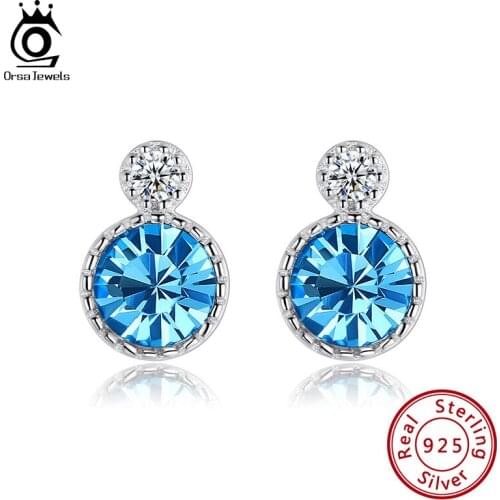 ORSA JEWELS Classic Austrian Crystal Stone Stud Earrings for Women Girls Fashion Genuine 925 Sterling Silver Fewelry SWE06