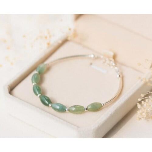 Womens Authentic 925 Sterling Silver Natural Oval Green Jade &Round Ball Bangle Bracelet Cuff S398