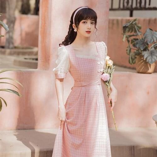 Summer Dress 2021 Pink Sweet Retro Vestidos Improved Cheongsam Chic Ruffled Square Collar Literary Plaid Dress