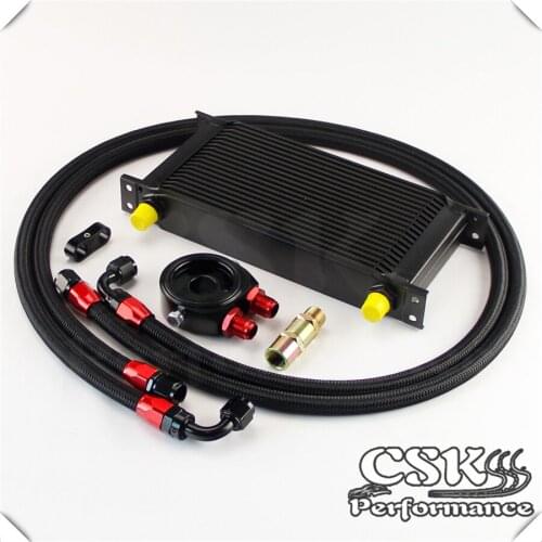 AN8 19 Row 248mm Universal Engine Transmission Oil Cooler British Type + Aluminum Filter Hose End Kit Black/Blue