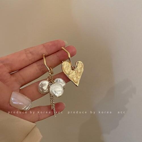 S925 Asymmetrical Pearl Earrings Fashion Heart-Shaped Earrings Simple Trend Earrings Ladies Retro Earrings Jewelry