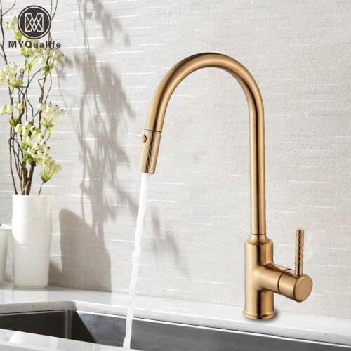 Free Shipping Brushed Gold Kitchen Faucet Single Handle Pull Out Kitchen Mixer Hot and Cold Water Taps Deck Mounted