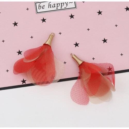 DoreenBeads Organza Tassel Pendants Flower Gold Color Red DIY Findings About 5cm x4.5cm - 4.5cm x4cm(1 6/8" x1 5/8"), 20 PCs
