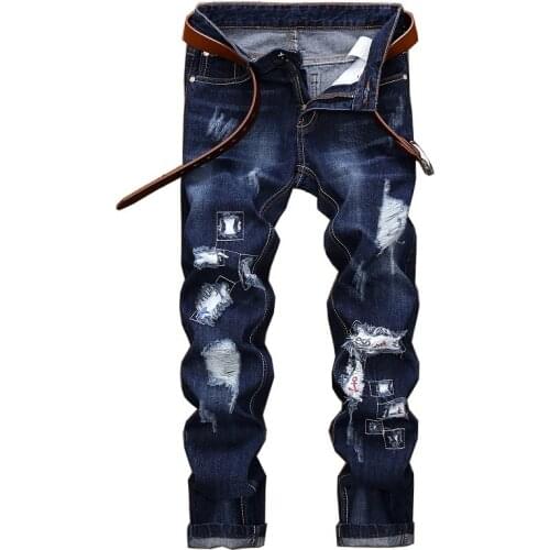 C1303-2 2020 spring autumn new embroidered Youth pop mens fashion straight tube holes jeans cheap wholesale