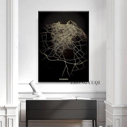 Black and goldWorld City MapEdinburgMap Canvas Painting Posters and Prints Wall Art for Living Room