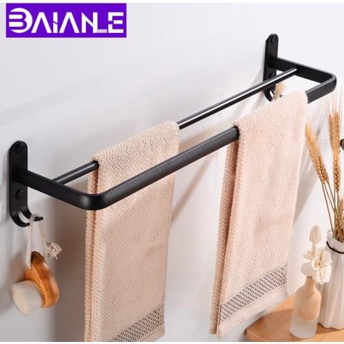 Towel Bar Holder with Hook Wall Mounted Bathroom Towel Rack Hanging Holder Black Aluminum Clothes Robe Towel Holder Corner Shelf