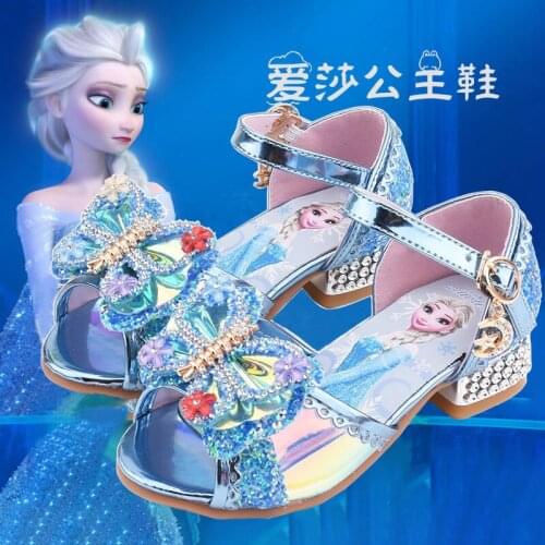 Disney Girls Sandals New Children High Heels Elsa Princess Shoes Frozen Blue Crystal Shoes