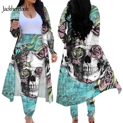 Jackherelook Rose Sugar Skull Brand Design Womens 2 Piece Outfits Autumn Vintage Long Sleeve Cardigan Skinny Bodycon Pants Set