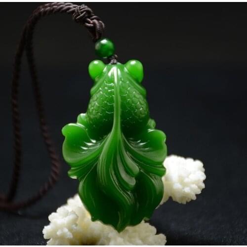 China Natural Jasper Fish pendant Hand carved carp Nephrite pendant necklace Attached lanyard Fine Jade jewelry