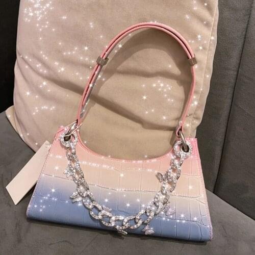 Leather Crossbody Bags For Women Designer Handbags Luxury Baguette Shape Underarm Bag Butterfly Rhinestone Chain Shoulder Bag