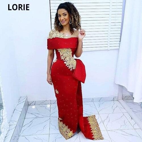 LORIE 2021 Red Beauty Pageant Dresses Mermaid Off The Shoulder Lace Appliques Prom Party Gowns African Kaftan Celebrity Dresses