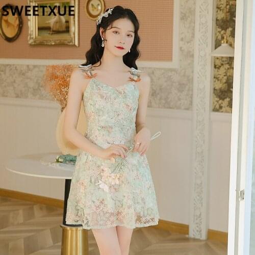 SWEETXUE Sweet Cute Summer Womens Fashion Bow Spaghetti Strips Embroidery Dresses Female 2021 Chic Casual Vestidos