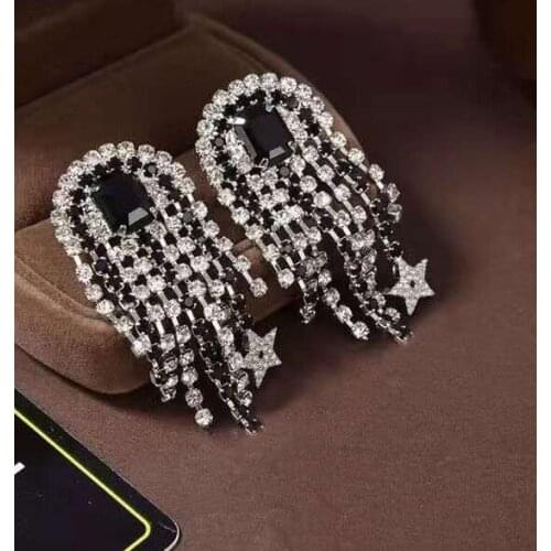 Fashion Big Jewelry Tassel Star Flower Clip Earrings Black Crystal Earrings Tassel Star Design Wedding Party Clip Earrings
