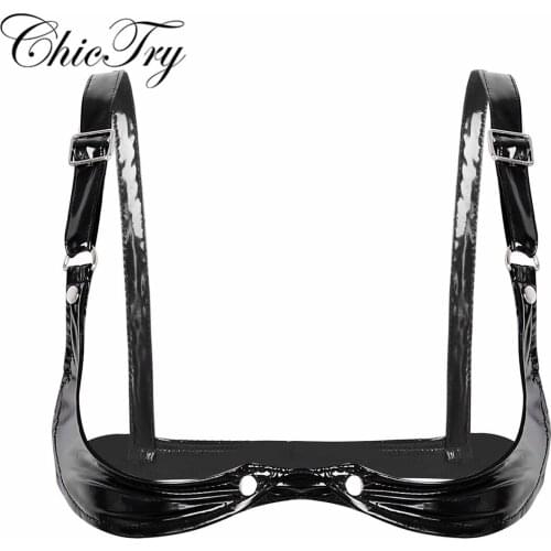 Fashion Women Sexy Adjustable Spaghetti Straps Bra Lingerie Wetlook Faux Leather Open Cup Bra Top for Clubwear Party Costumes