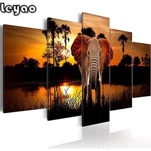 5 Panel Combined african elephant diamond embroidery full square round diamond painting cross stitch kits 5D mosaic home art