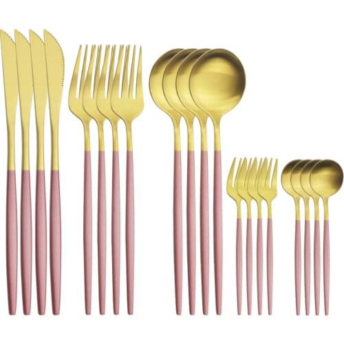 20Pcs Pink Gold Dinnerware Cutlery Set Knives Cake Fruit Fork Tea Spoon Dinner Silverware Tableware Stainless Steel Flatware Set
