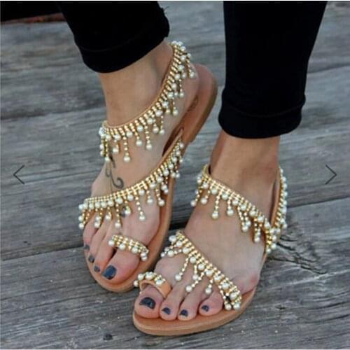 Fashion summer new Roman pearl flats sandals women fashion handmade beaded flat sandals women large size Womens shoes