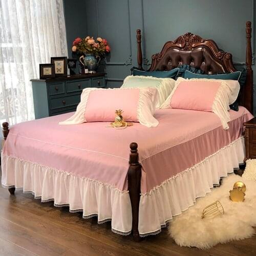 2019 new products Cotton satin Bedspread Fitted Sheet Pillowcases Cotton 2/3pcs Solid Princess Lace Bedding