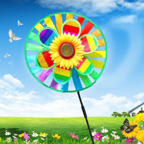 OOTDTY Double Layer Sequin Sunflower Windmill Wind Spinner Colorful Pinwheel Home Garden Yard Decoration Kids Baby Outdoor Toys