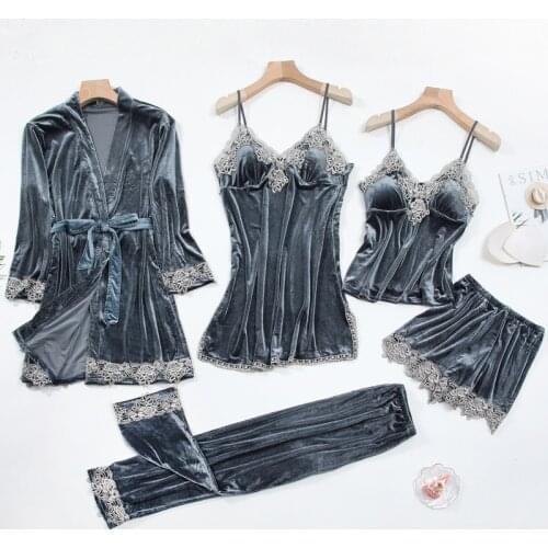 Autumn Winter Velvet Nightwear 5PCS Female Pajamas Set Bathrobe Soft Sleepwear Nightgown Velvet Nightdress Femme Pyjama