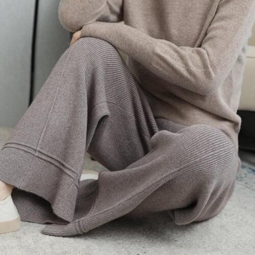 Otoño e invierno pantalones de pierna ancha de punto de cachemira gruesa pantalones de trapeador de damas pantalones