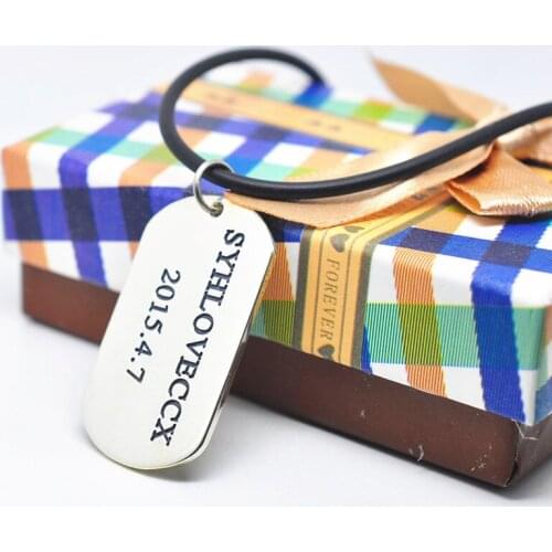 Personalized Men Dog Tag Necklace Engraved Name Date Solid Silver Hand Stamp Jewelry Leather Chain