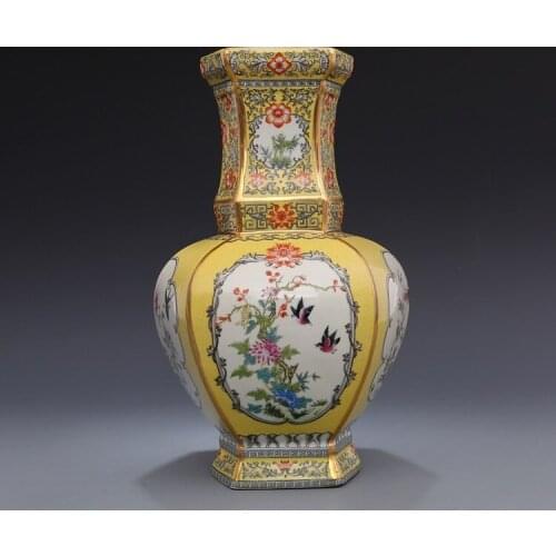 Qianlongs enamel, color, gold, flowers and birds, six square flat vase, antique porcelain, antique porcelain collectio