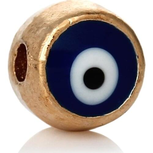 DoreenBeads Spacer Beads Round Enamel Dark blue Light gold color eye of evil Pattern About 6mm Dia,Hole:Approx 1.7mm,30 PCs