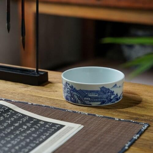 All hand-painted Blue and White Mountain River People Poetry Brush Pen Washer Handmade Ceramic Tea Accessories