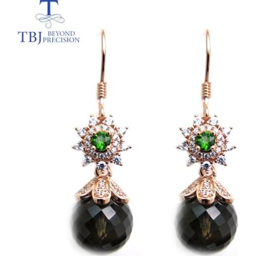 TBJ,hook earring natural smoky aquatz and tourmaline real gemstone 925 sterling silver fine jewelry best gift for lady