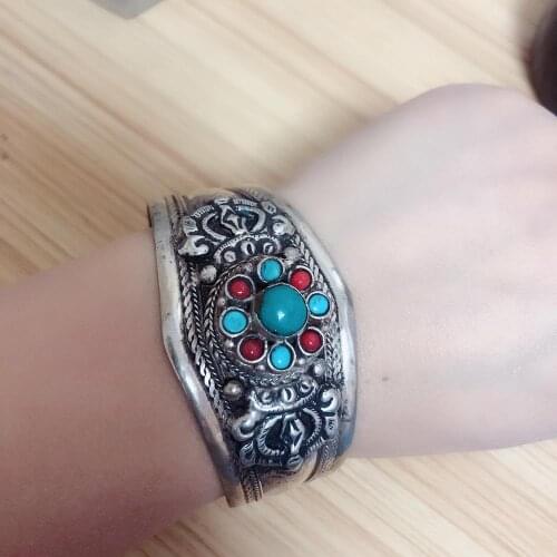 BR466 Vintage Jewelry Tibetan Cuff Bracelet White Metal Copper Inlaid Natural Stone Beads Dorje Open Back Adjustable Bangle
