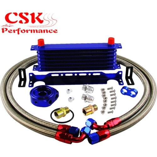 AN10 7Row 262mm Universal Engine Transmission Oil Cooler Trust Type + Aluminum Filter Hose End Kit Silver/Blue/Black