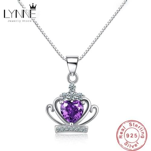 New Ladies Fine 925 Sterling Silver Crown Zircon Pendant Necklace Purple Heart Rhinestone Collarbone Necklace Women Jewelry Gift