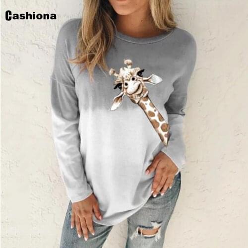 Women Elegant Leisure Casual T-shirt Giraffe Print Long Sleeve Plus size 4xl 5xl Femme Top 2020 Autumn Gradient Color Tees shirt