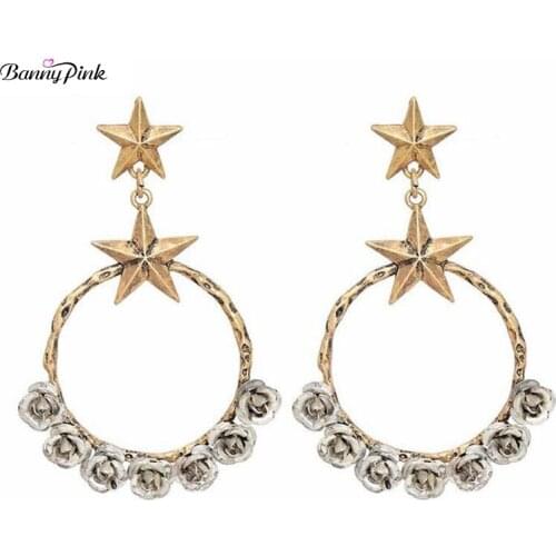Banny Pink Elegant Rose Flower Star Statement Dangle Earrings For Women Large Round Circle Drop Earrings Chunky Pendant Earrings