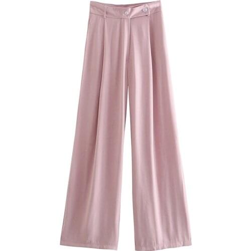 Aonibeier Pink Loose Long Pants Summer Folds Front Side Pockets High Waist Women Casual Trousers Female Office Lady Suit Pants